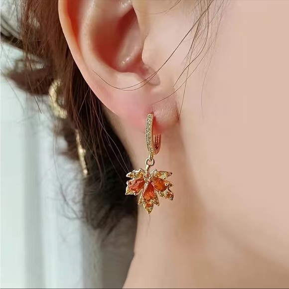 Cubic Zirconia Autumn Leaf Earrings - Picture 2 of 7